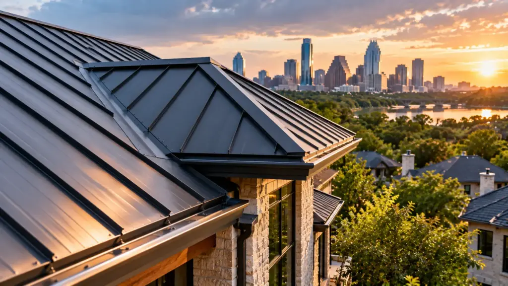 Standing seam metal roof on an Austin home at sunset, with the downtown Austin skyline in the background, illustrating metal roof repair and replacement.