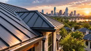 Standing seam metal roof on an Austin home at sunset, with the downtown Austin skyline in the background, illustrating metal roof repair and replacement.