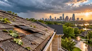 Storm-damaged asphalt shingle roof with exposed decking, wet leaves, and rainwater, overlooking the Austin skyline after severe weather.