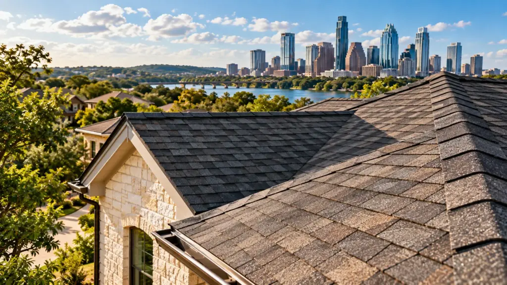 Asphalt shingle roof on an Austin home overlooking the downtown skyline, illustrating residential roof inspection, repair, and replacement services.