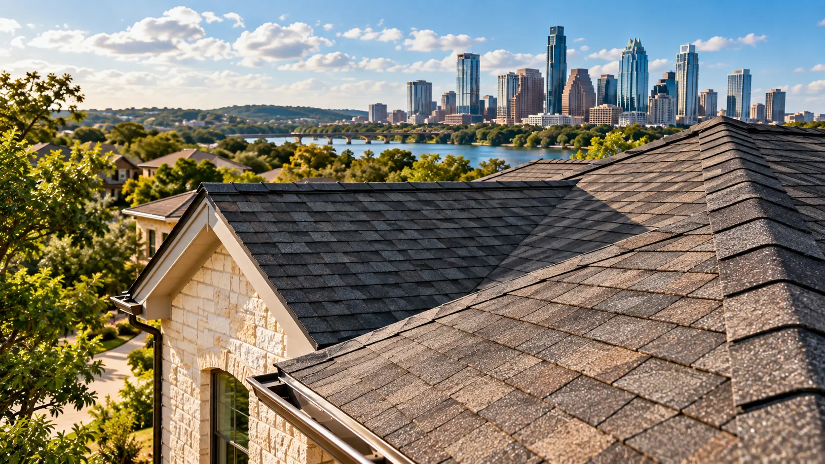 Asphalt shingle roof on an Austin home overlooking the downtown skyline, illustrating residential roof inspection, repair, and replacement services.
