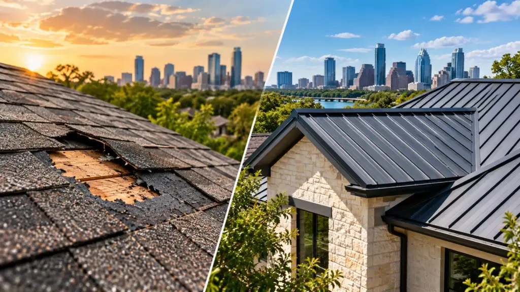 Split view comparing a damaged asphalt shingle roof with exposed decking and a new metal roof on a modern Austin home, illustrating roof repair versus replacement.