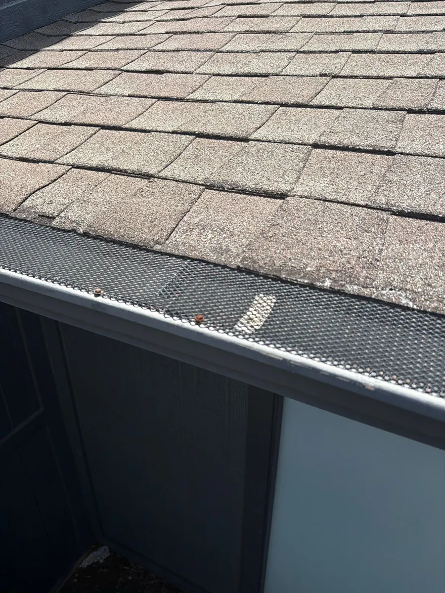 Black mesh gutter guard on a dark gutter under shingles