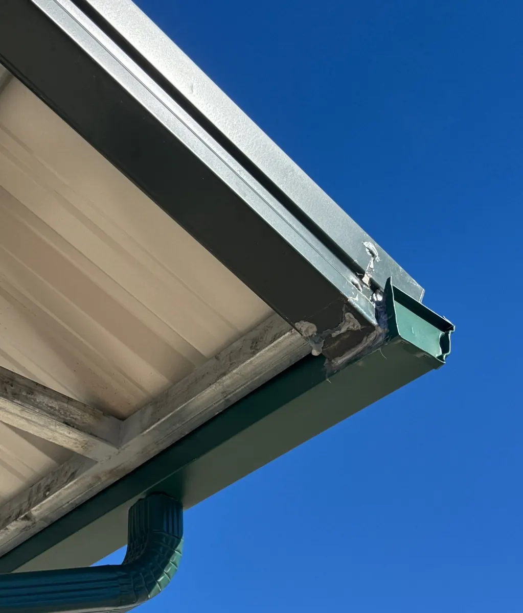 Green gutter and downspout under a white soffit